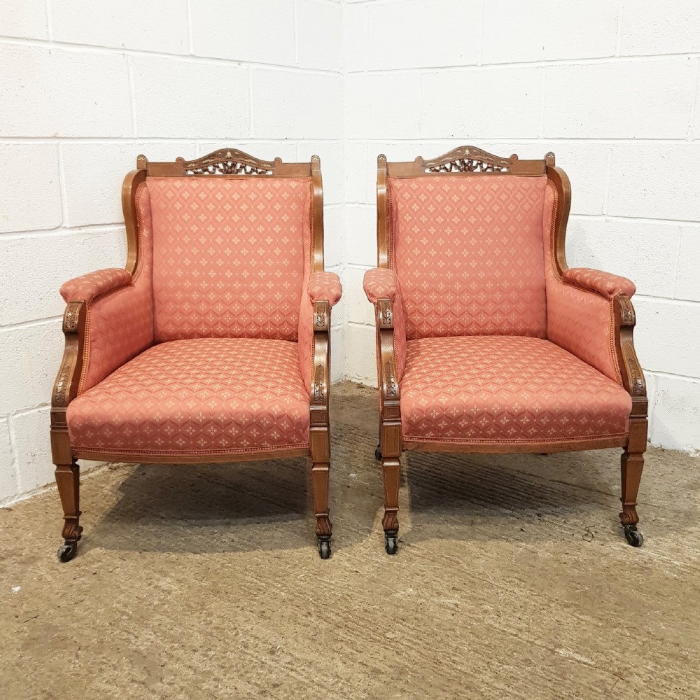 antique pair victorian inlaid walnut framed armchairs c1880