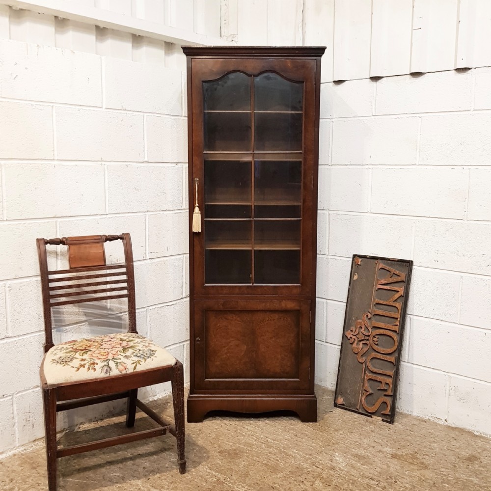 antique burr walnut tall narrow glazed bookcase c1920