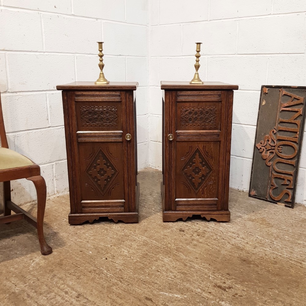 antique pair victorian carved oak bedside cabinets c1880