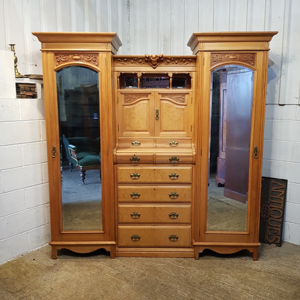 antique victorian satin walnut maple sentry box combination wardrobe c1890