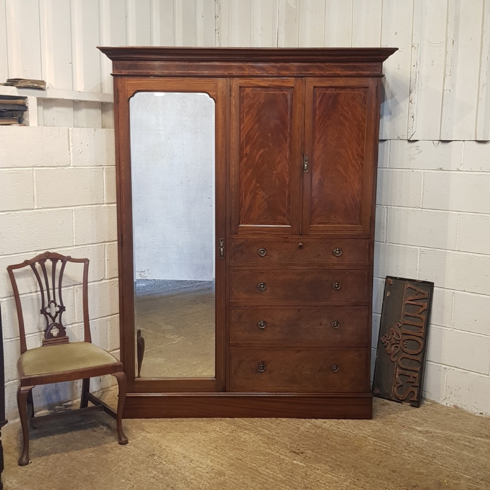 antique edwardian inlaid mahogany combination wardrobe c1900