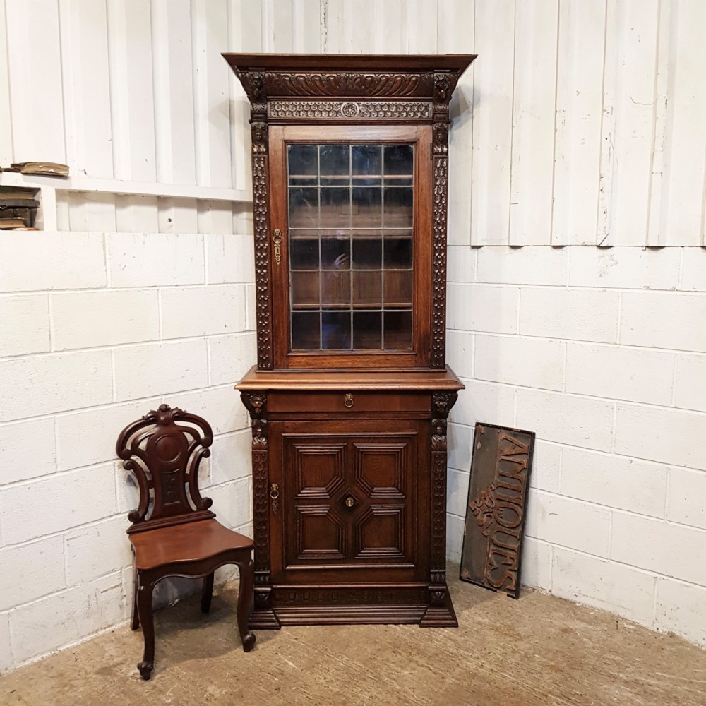 antique victorian gothic catved oak tall narrow bookcase on cabinet c1880