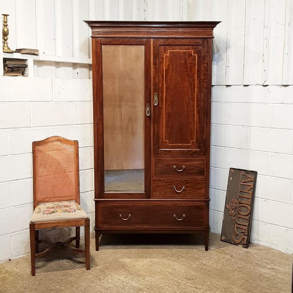 antique edwardian mahogany inlaid combination wardrobe c1900