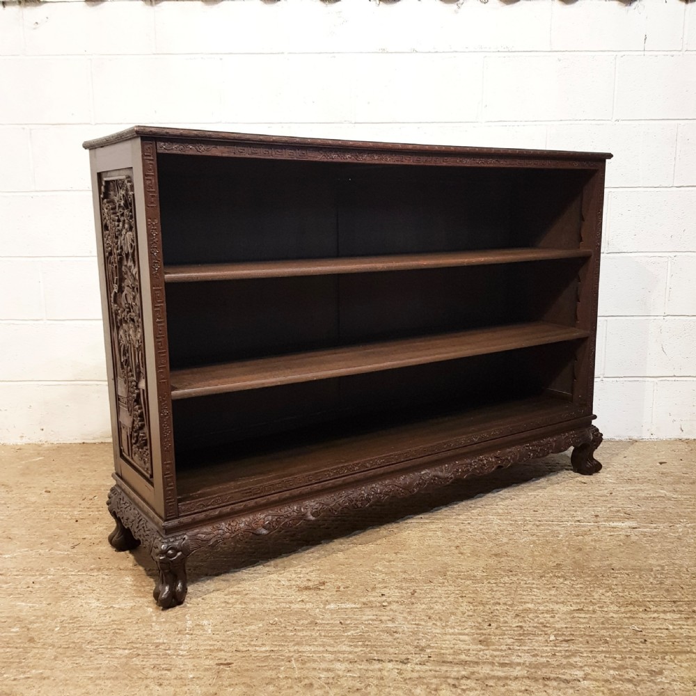 antique oriental carved mahogany open bookcase c1900