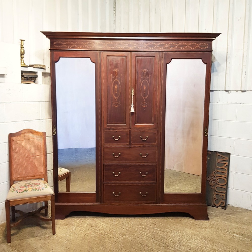 antique edwardian inlaid mahogany triple wardrobe compactum c190