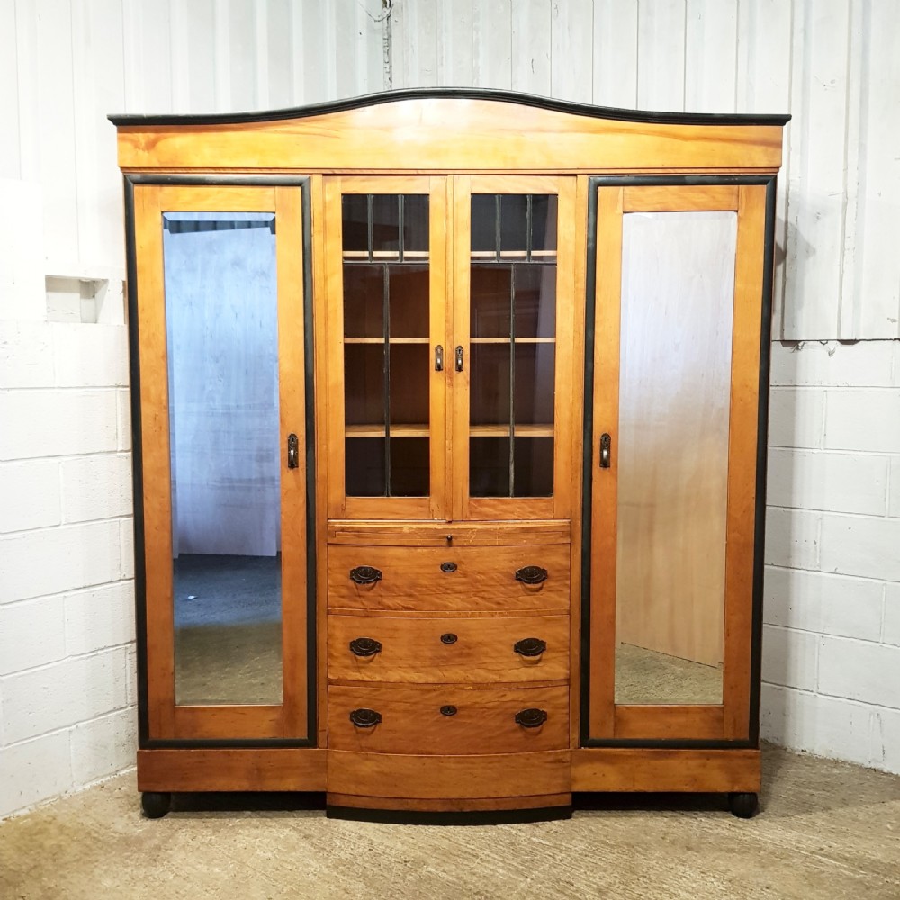 antique continental satinwood ebony triple wardrobe armoire c1900