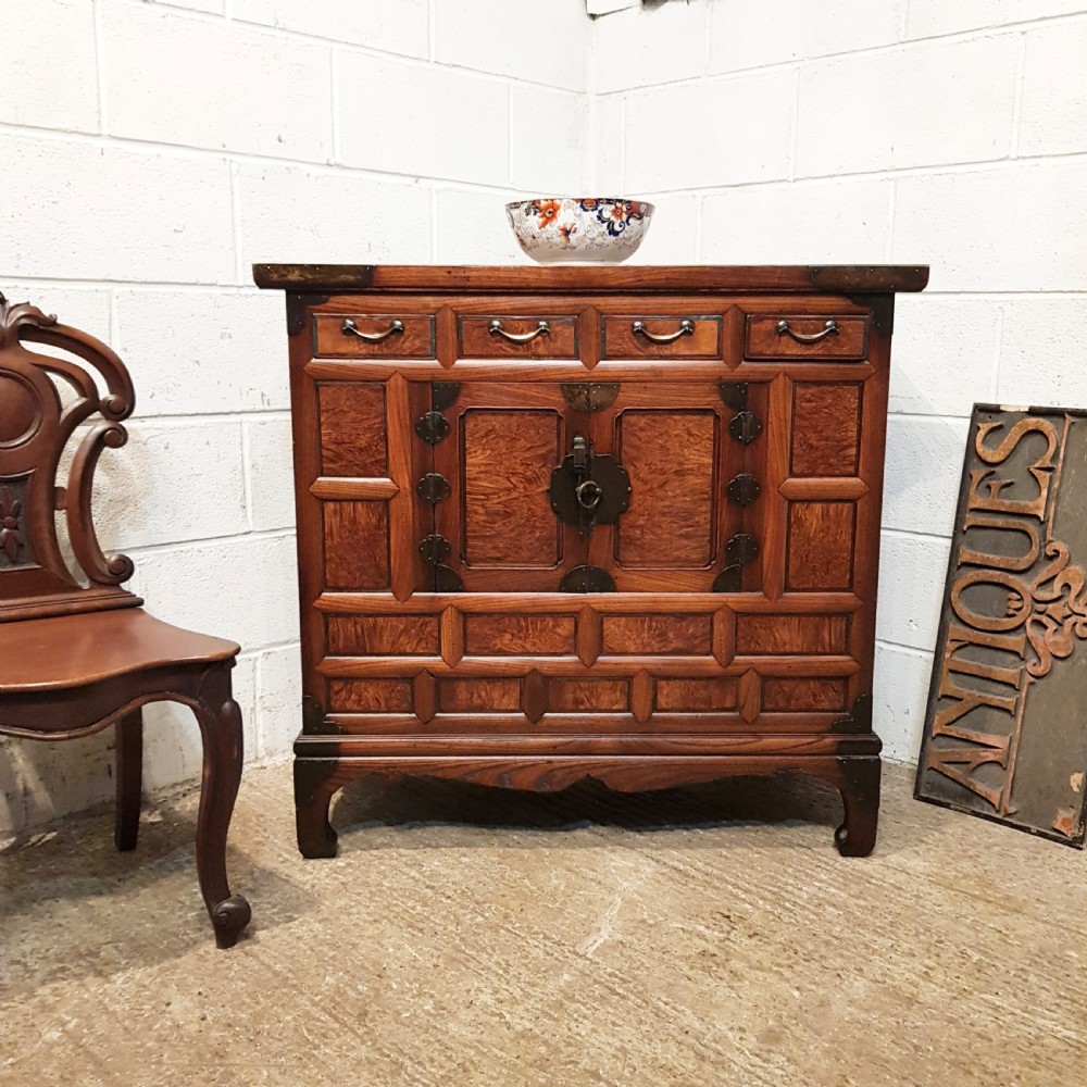 antique chinese elm burr elm side cabinet c1910