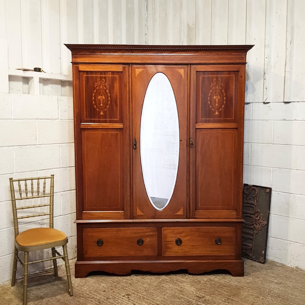 antique edwardian inlaid small mahogany triple wardrobe c1900