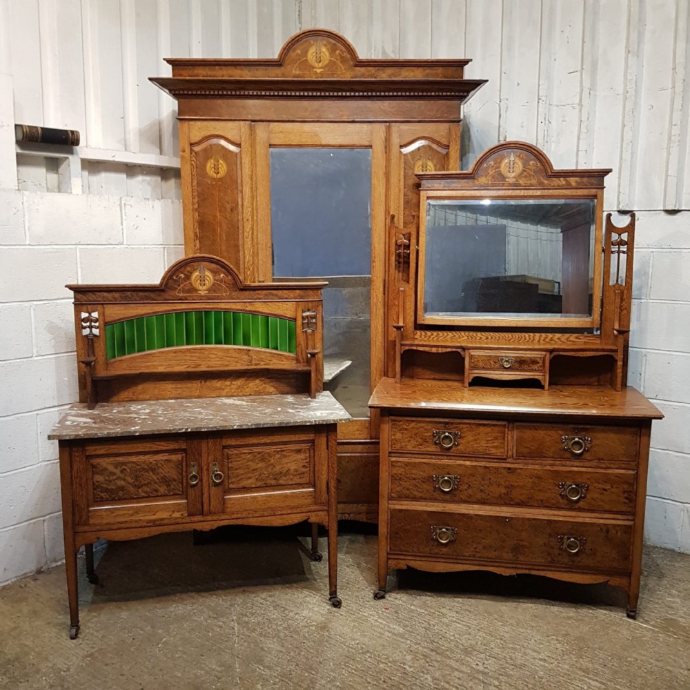 an oak and burr walnut arts crafts 3 piece bedroom suite c1910