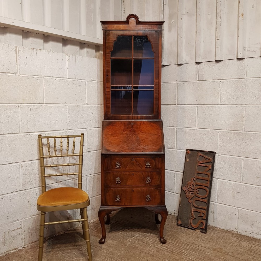 a burr walnut tall narrow bereau bookcase c1920