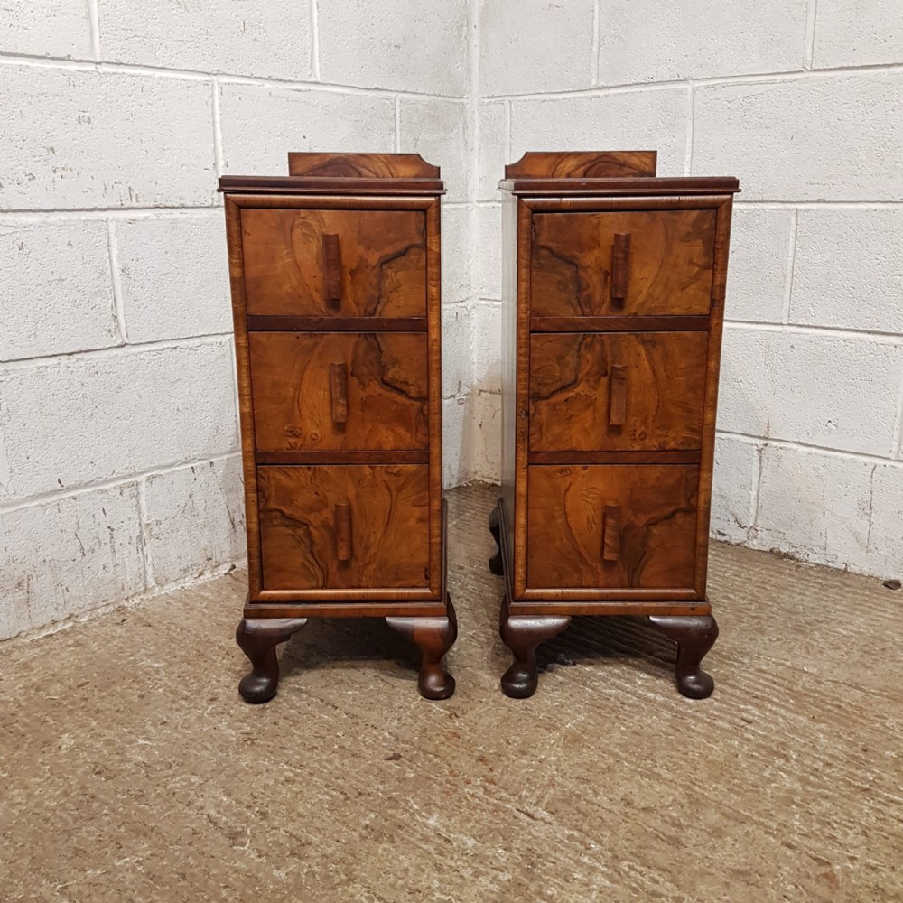 a pair of art deco burr walnut bedside chests c1920