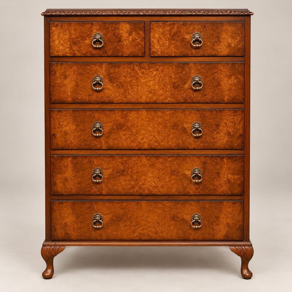 a burr walnut 5 height chest of drawers c1920