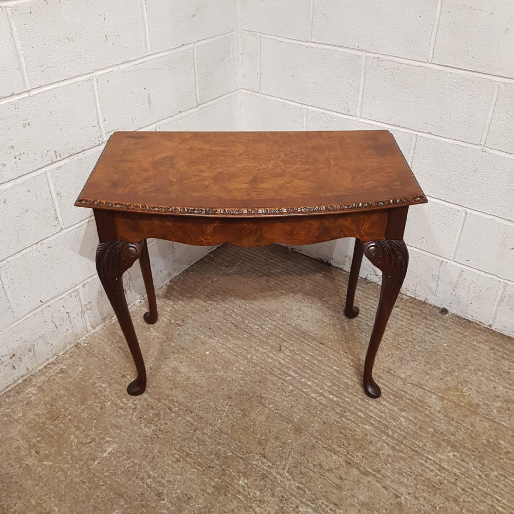 a burr walnut bow fronted side console table c1920